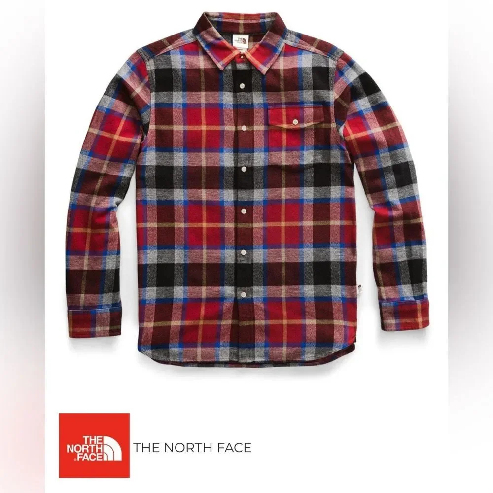 The North Face Arroyo Red Black Blue Plaid Heavyweight Flannel Shirt SZ XL